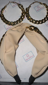 Taupe fabric HEADBAND w/gold chain accenrt w/Gold Chain Earrings