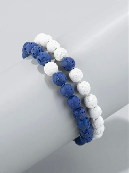 2pcs White and Blue Bead Bracelet Stack