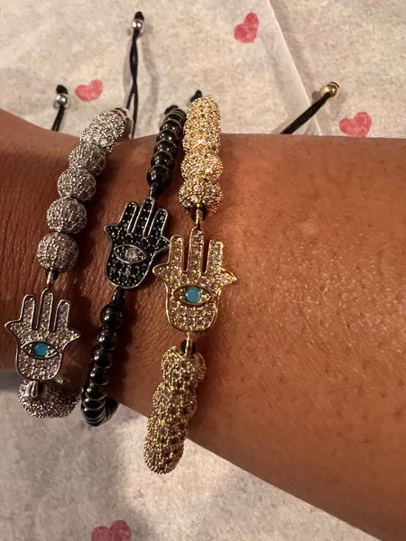 Silver Rhinestone Beaded Hamsa Adjustable Bracelet