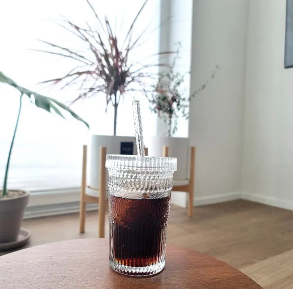12.5 oz Glass Cup w/glass Lid & Curved Straw