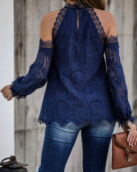 Navy Lace Cold Shoulder Top