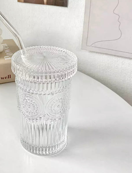 12.5 oz Glass Cup w/glass Lid & Curved Straw