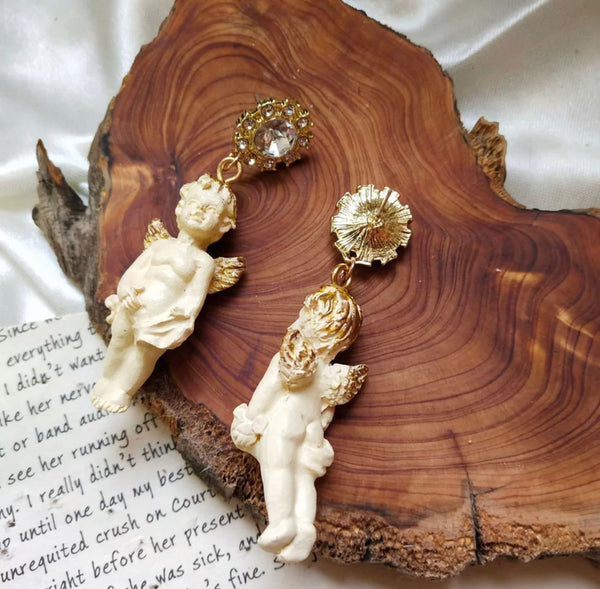 Cupid Cherub Angel Rhinestone Drop Earrings