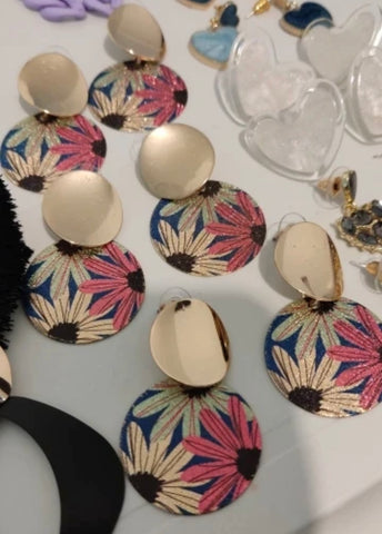 Round Gold and Sparkle Floral Earrings