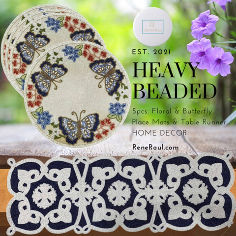 5 pcs: Beaded Floral & Butterfly Table Setting w/Beaded Runner
