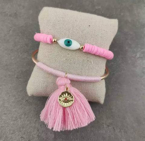LT. PINK Evil Eye Double Bracelet Set