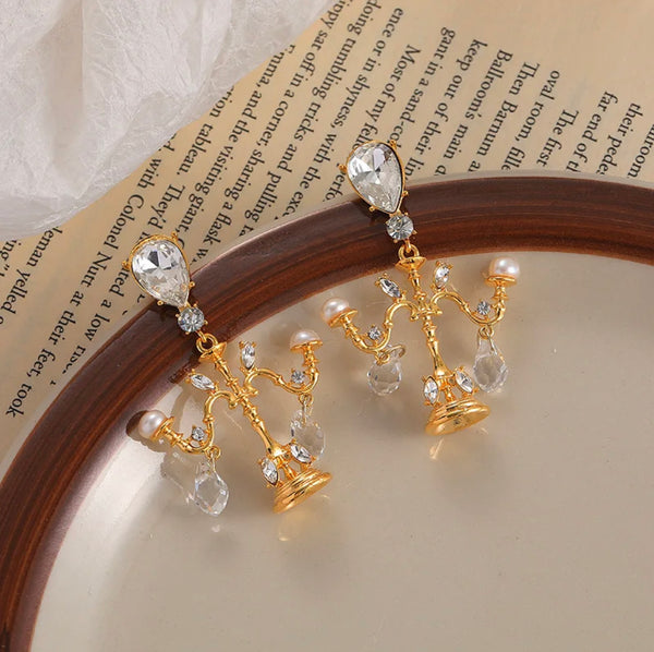 Gold & Rhinestone Candelabra Dangle Earrings