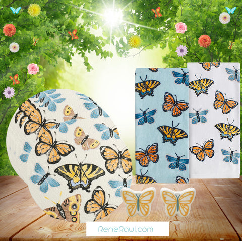 Butterfly Kitchen Set: 4 Linen Placemats & 2 Kitchen Towels w/FREE SHAKERS