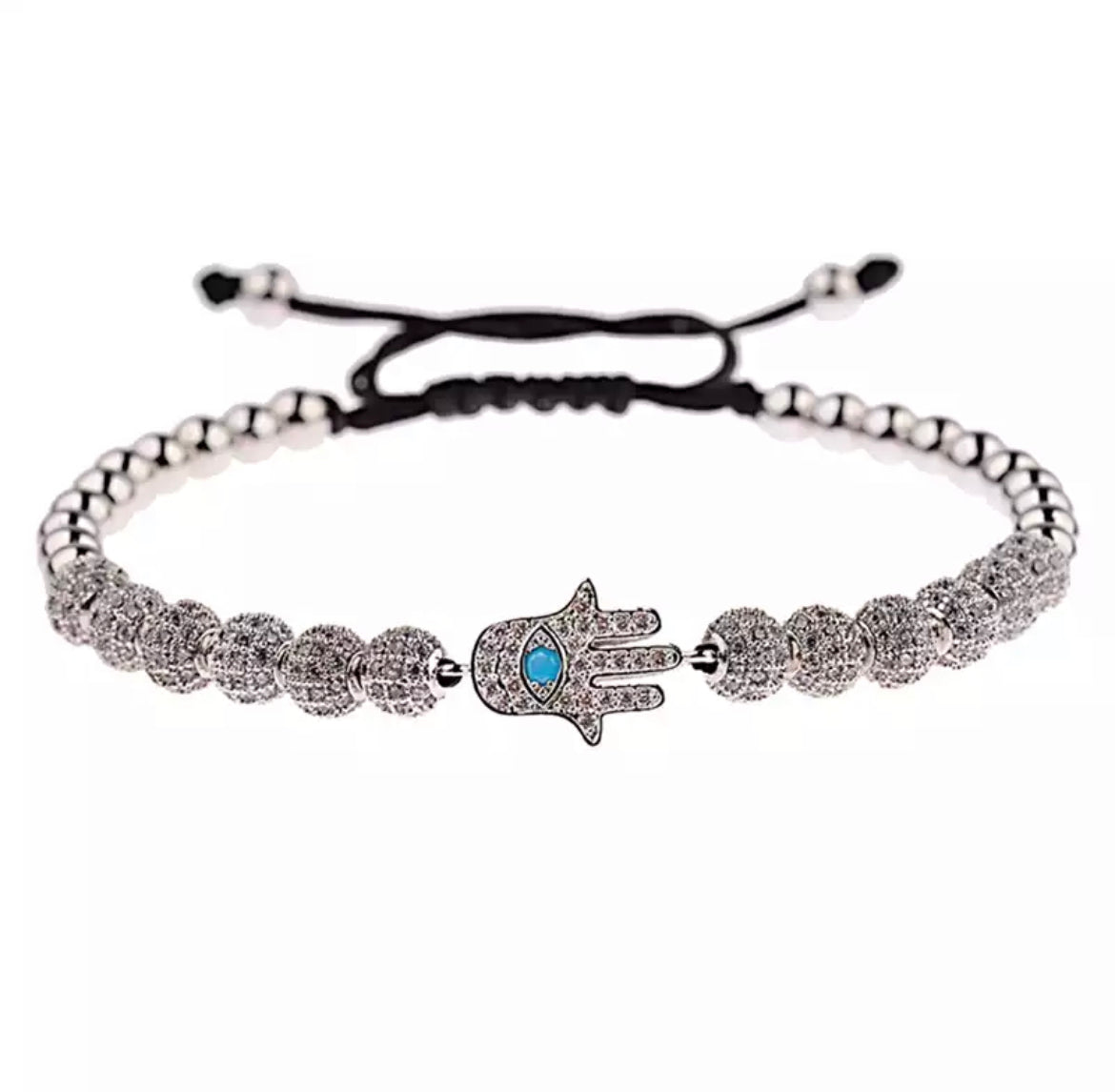 Silver Rhinestone Beaded Hamsa Adjustable Bracelet