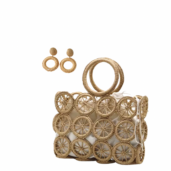 Khaki Straw Purse w/light liner & Earring Combo