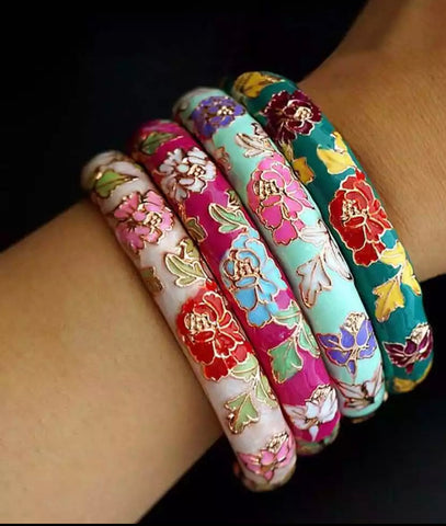 Floral Cloisonné Bangle Bracelet (Multiple Colors)